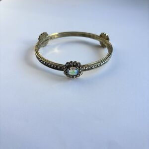 HEIDI DAUS Bangle Bracelet AB Rhinestones Antique Brass Signed 8.25 Inches